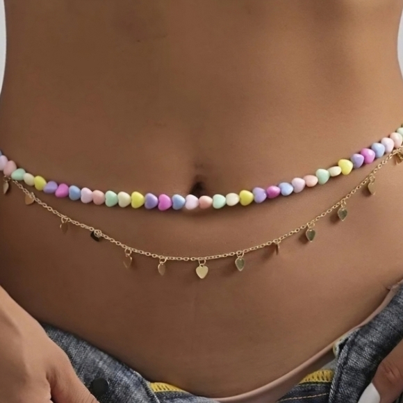 Waist Chain Set Pastel Heart and Gold Heart Belly Chain Set - Picture 1 of 7